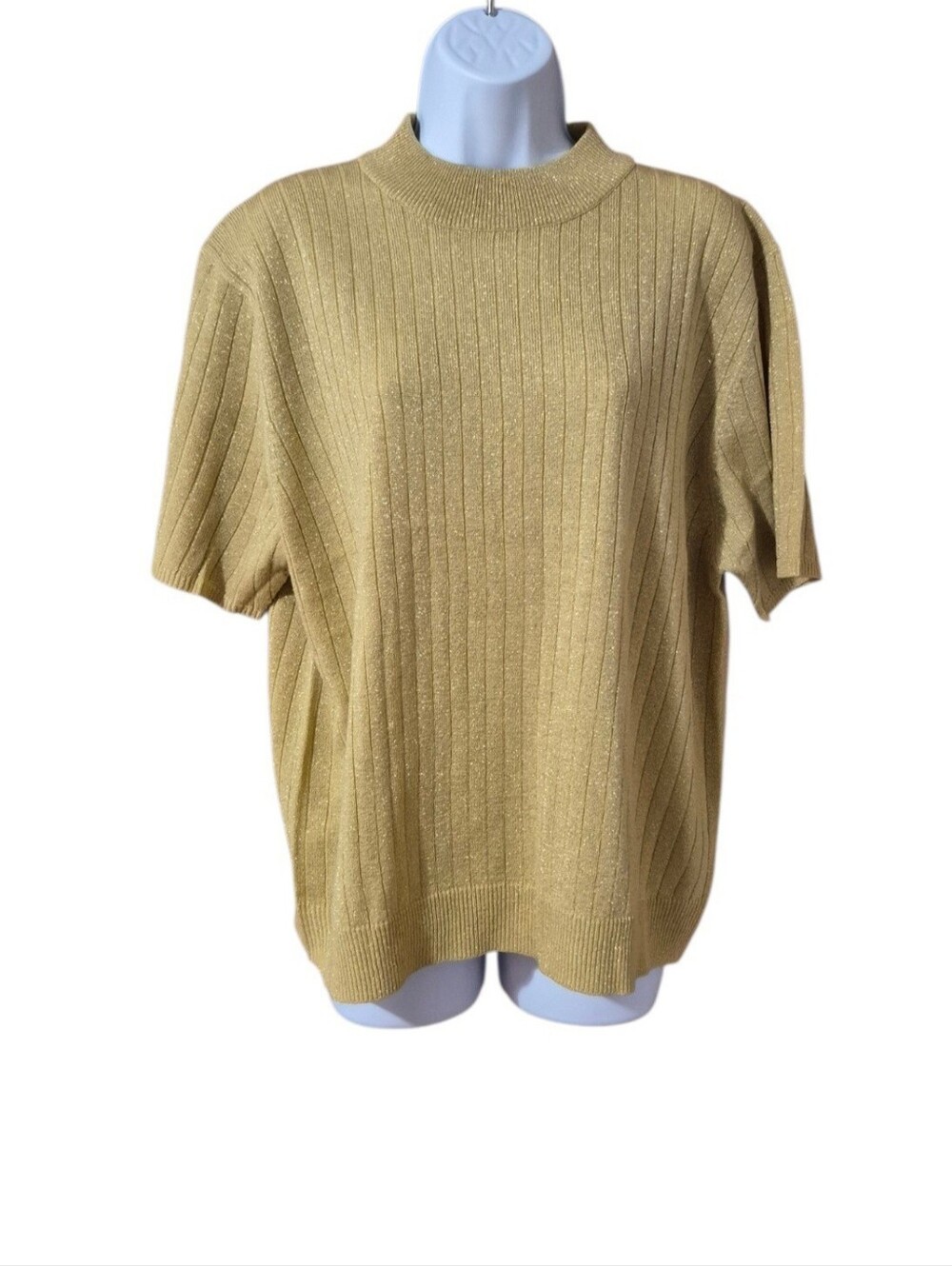 Sag Harbor Gold Short Sleeve Ribbed Crew Neck Sparkling Top Holiday Parties  EUC